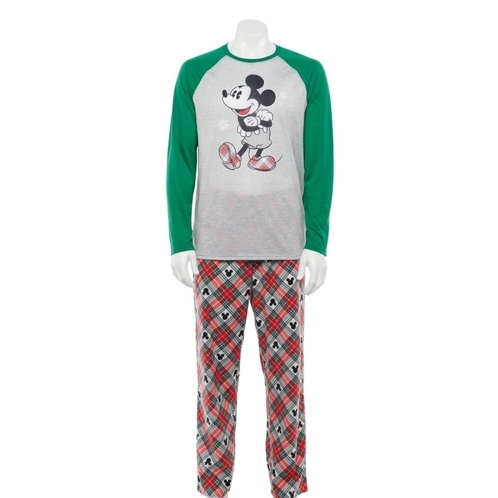 🆕 Men’s Disney 2 Piece Sleep Set Green Red Gray and Black Mickey and Minnie Sz M